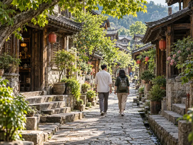 山间古镇的石板街巷，概念示意