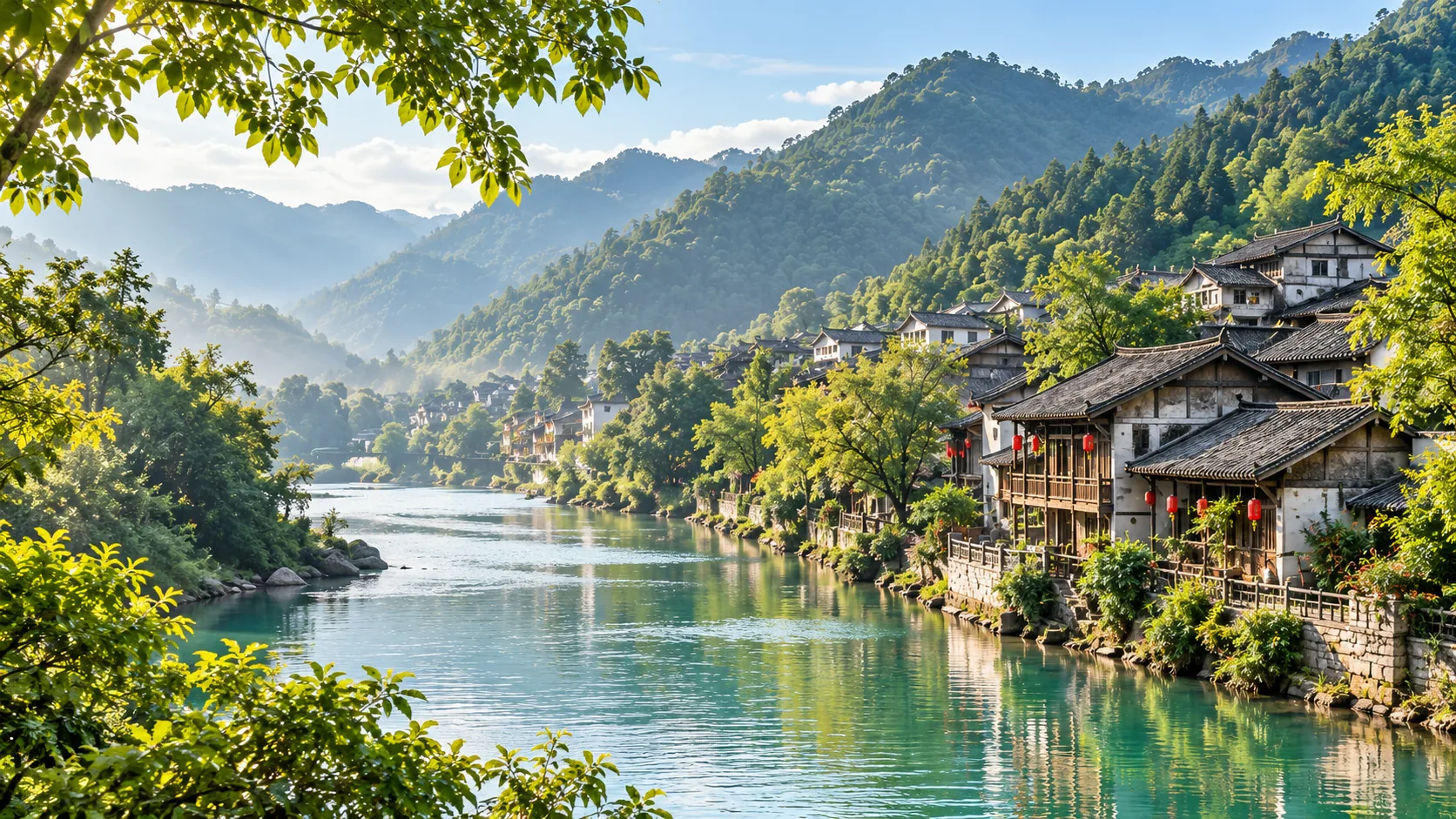 山水与临河街巷的秀山文旅概念画面，非现场实拍