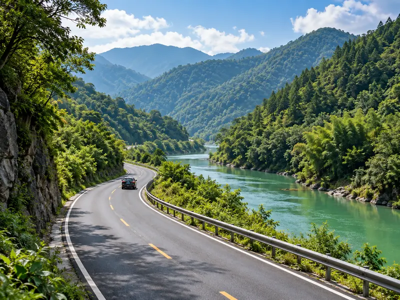沿河穿过山谷的道路，概念示意